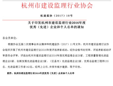 热烈祝贺集团设计院及监理公司荣获杭州市“优秀监理企业”荣誉称号